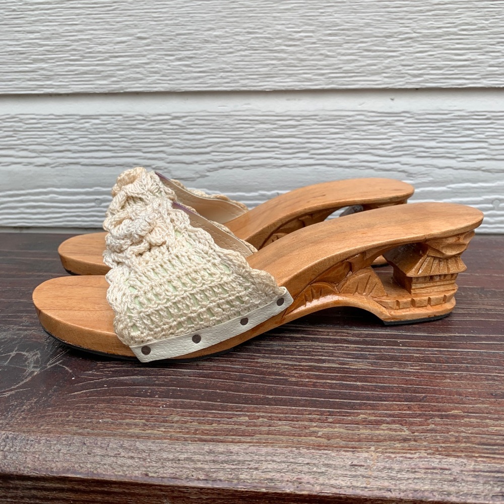Women’s Beige Slip On Sandals Carved Wood Heels